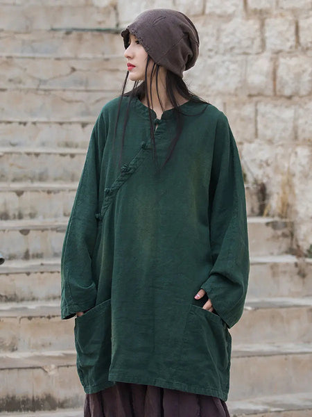 Women Vintage Solid Ramie Slant-Closure Long Shirt Ada Fashion