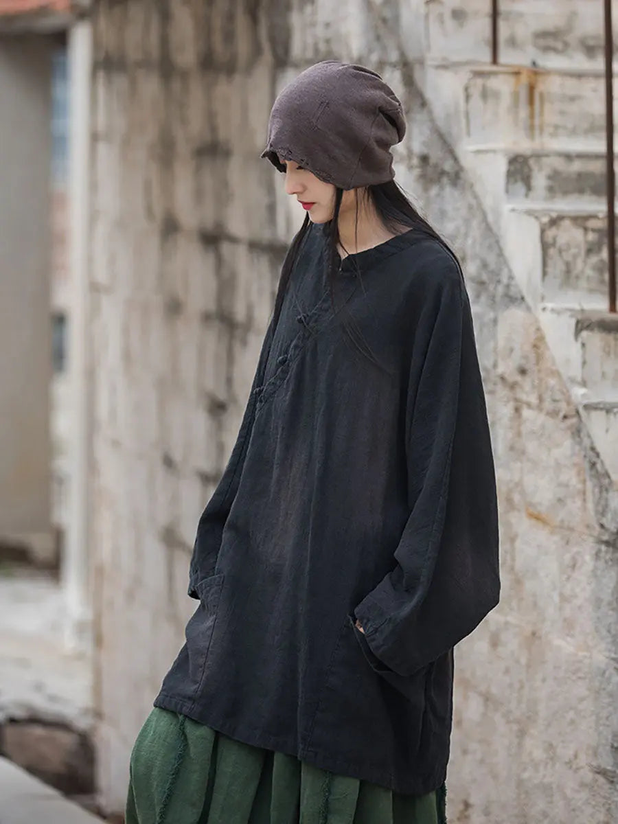 Women Vintage Solid Ramie Slant-Closure Long Shirt Ada Fashion