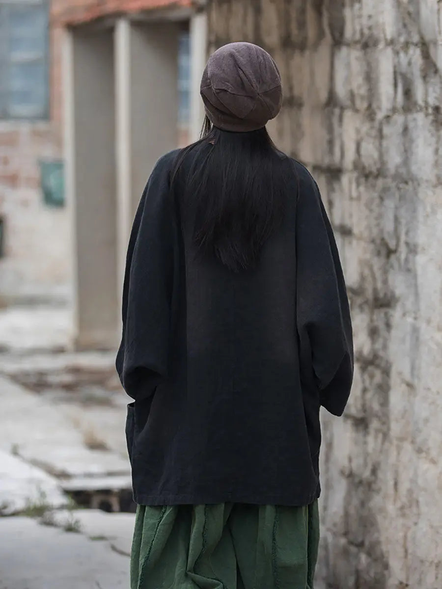 Women Vintage Solid Ramie Slant-Closure Long Shirt Ada Fashion