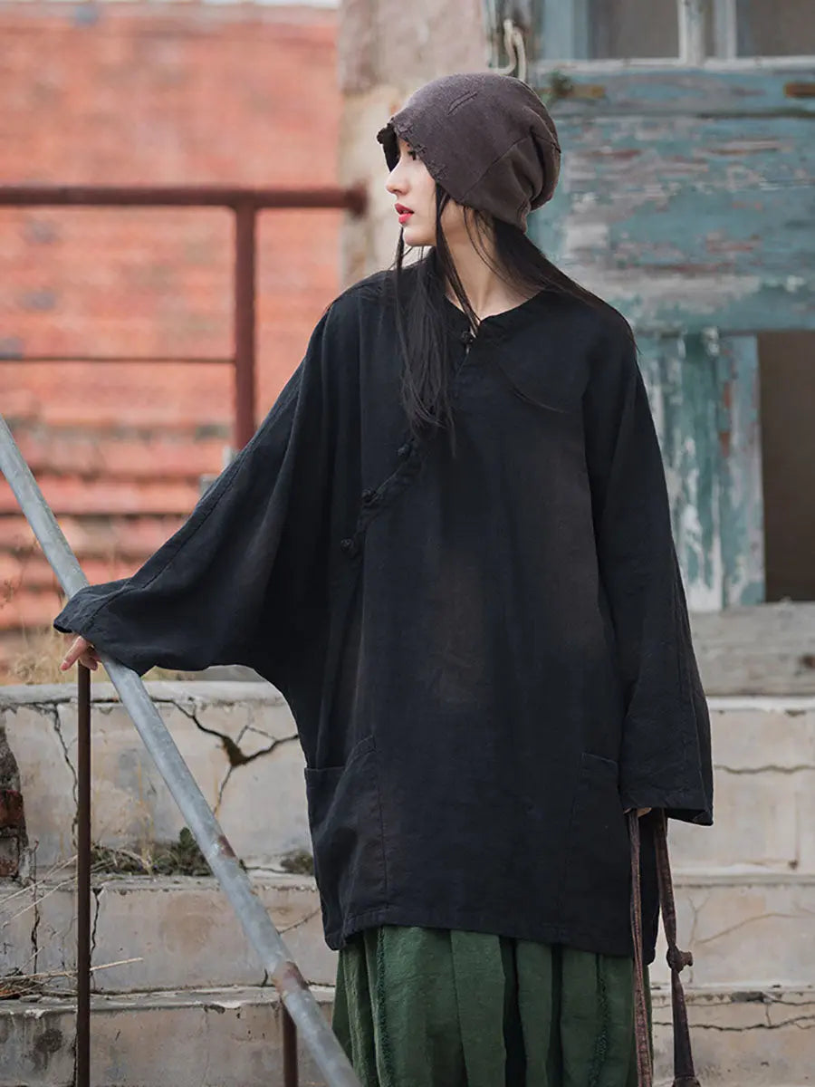 Women Vintage Solid Ramie Slant-Closure Long Shirt Ada Fashion