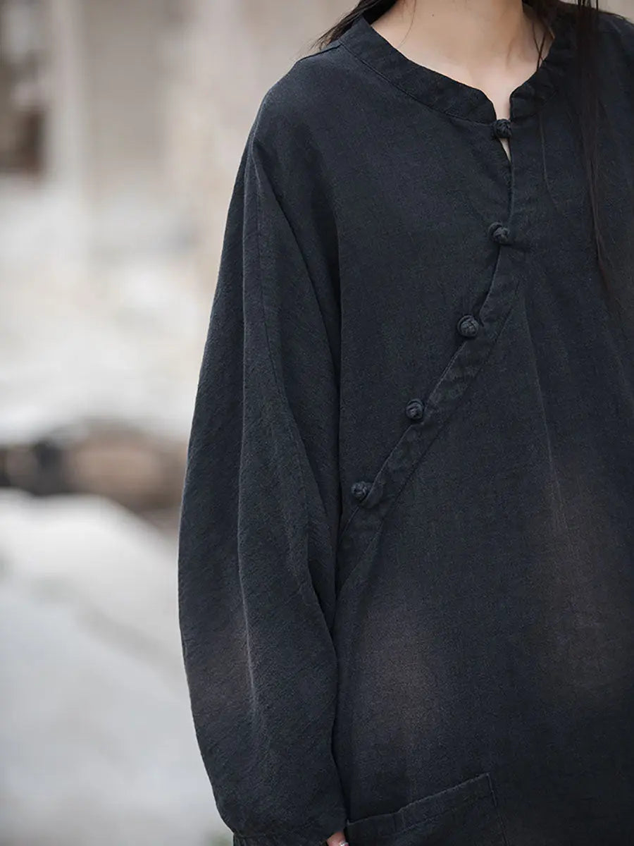 Women Vintage Solid Ramie Slant-Closure Long Shirt Ada Fashion