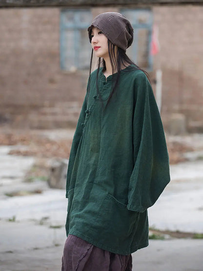 Women Vintage Solid Ramie Slant-Closure Long Shirt Ada Fashion