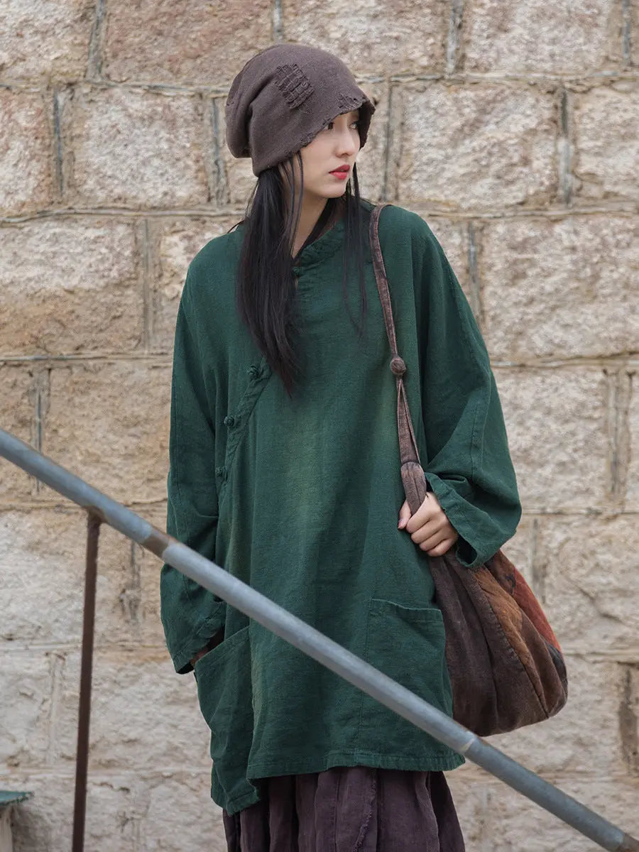 Women Vintage Solid Ramie Slant-Closure Long Shirt Ada Fashion