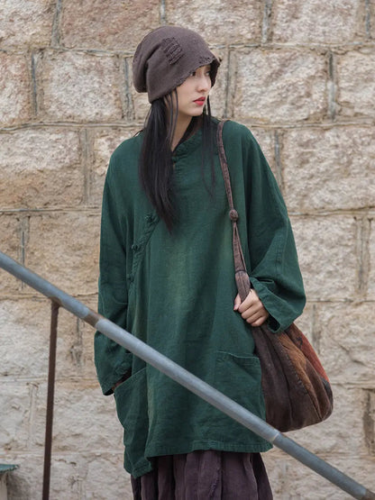 Women Vintage Solid Ramie Slant-Closure Long Shirt Ada Fashion