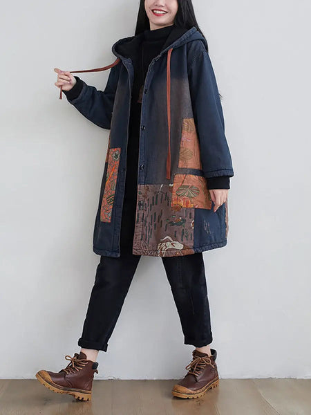 Women Vintage Spliced Denim Hooded Padded Coat Ada Fashion