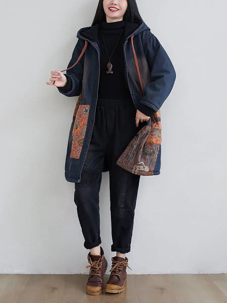 Women Vintage Spliced Denim Hooded Padded Coat Ada Fashion