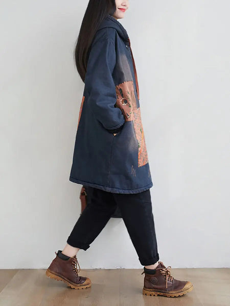 Women Vintage Spliced Denim Hooded Padded Coat Ada Fashion