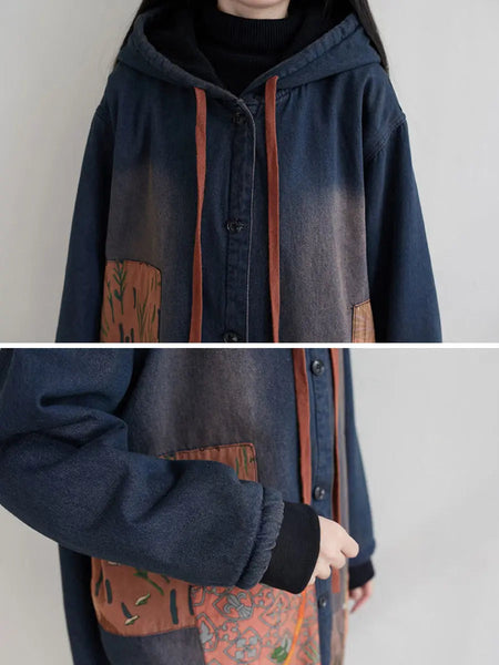 Women Vintage Spliced Denim Hooded Padded Coat Ada Fashion