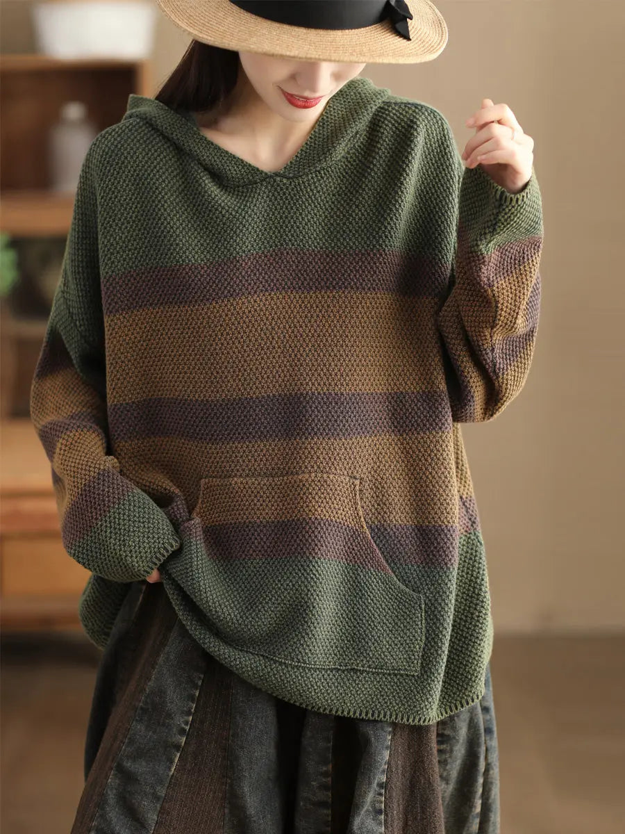 Women Vintage Spliced Knitted Pocket Hooded Sweater Ada Fashion