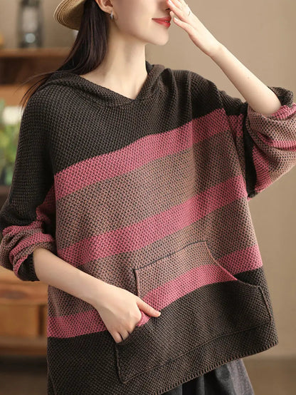 Women Vintage Spliced Knitted Pocket Hooded Sweater Ada Fashion