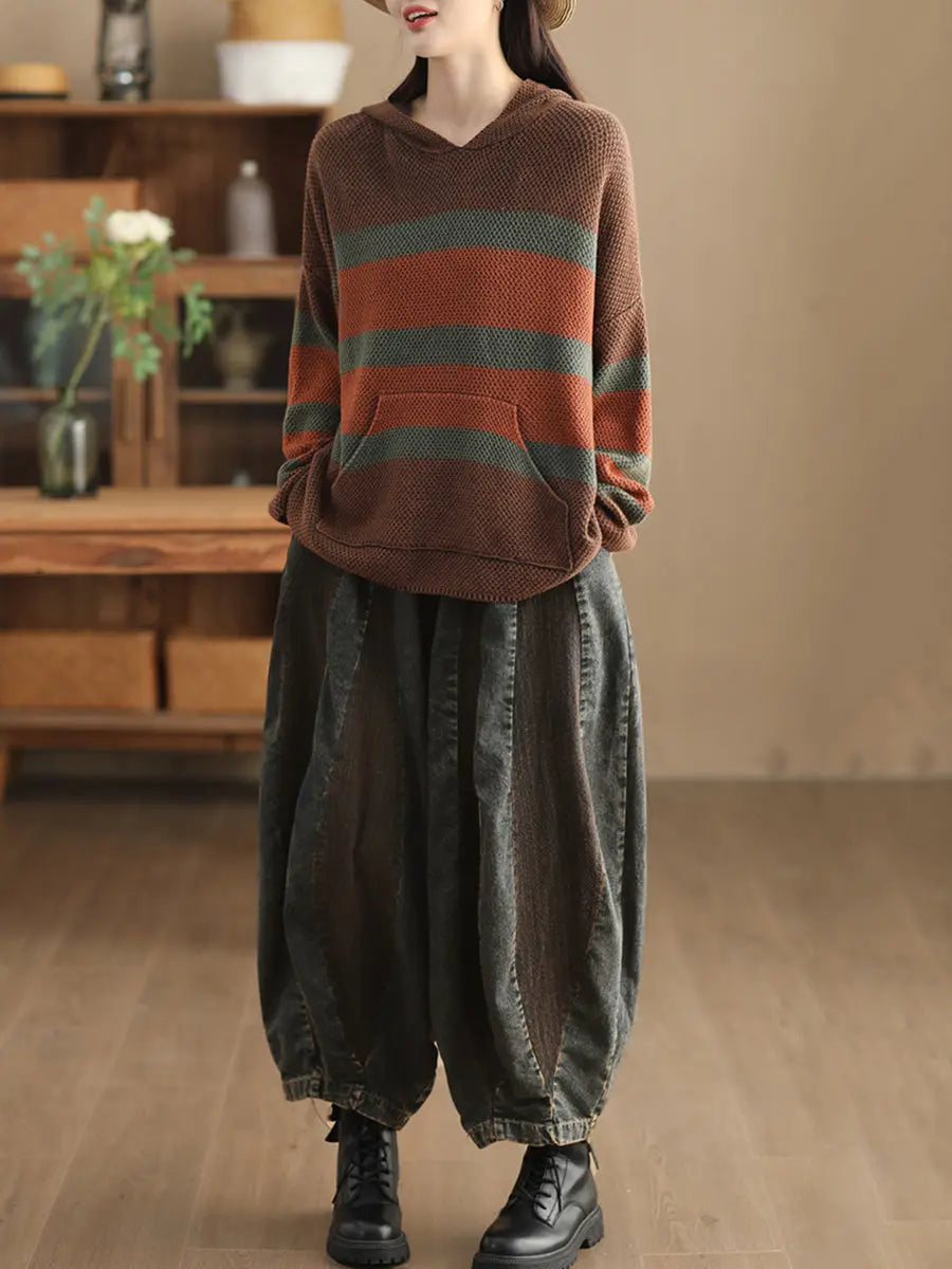 Women Vintage Spliced Knitted Pocket Hooded Sweater Ada Fashion