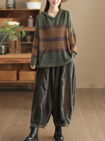 Women Vintage Spliced Knitted Pocket Hooded Sweater Ada Fashion