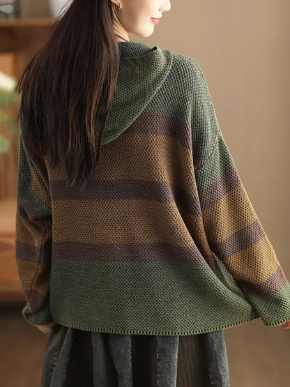 Women Vintage Spliced Knitted Pocket Hooded Sweater Ada Fashion