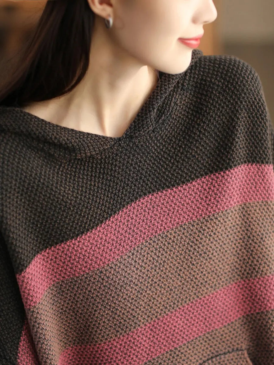 Women Vintage Spliced Knitted Pocket Hooded Sweater Ada Fashion