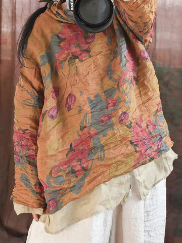 Women Vintage Spring Floral Pie Collar Ramie Shirt Ada Fashion