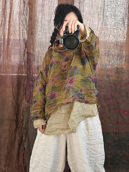 Women Vintage Spring Floral Pie Collar Ramie Shirt Ada Fashion