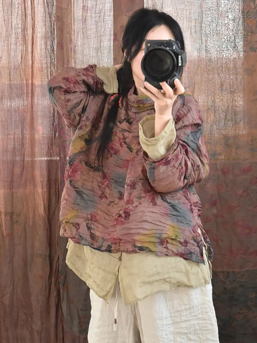 Women Vintage Spring Floral Pie Collar Ramie Shirt Ada Fashion