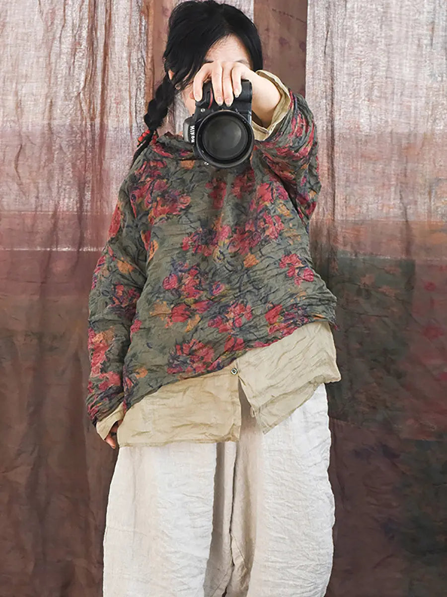 Women Vintage Spring Floral Pie Collar Ramie Shirt Ada Fashion