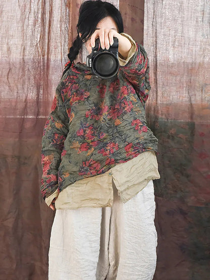 Women Vintage Spring Floral Pie Collar Ramie Shirt Ada Fashion