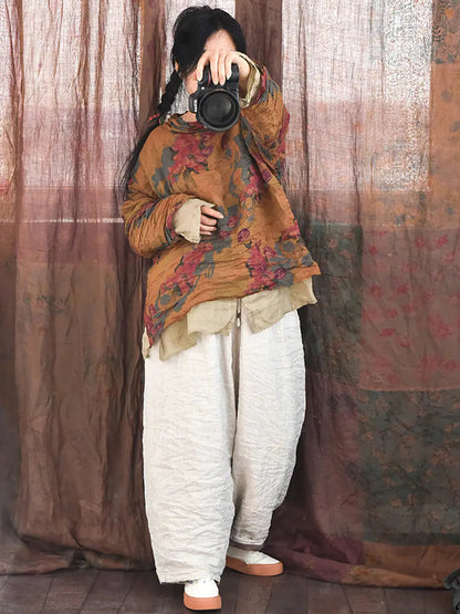 Women Vintage Spring Floral Pie Collar Ramie Shirt Ada Fashion