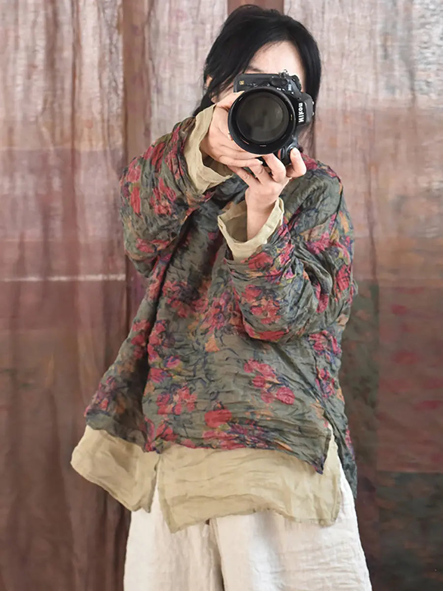 Women Vintage Spring Floral Pie Collar Ramie Shirt Ada Fashion