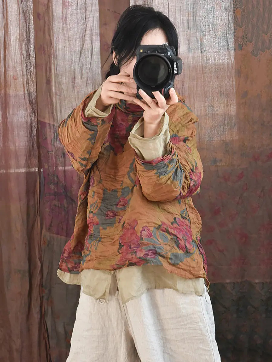 Women Vintage Spring Floral Pie Collar Ramie Shirt Ada Fashion