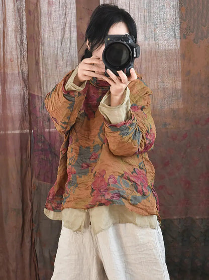 Women Vintage Spring Floral Pie Collar Ramie Shirt Ada Fashion