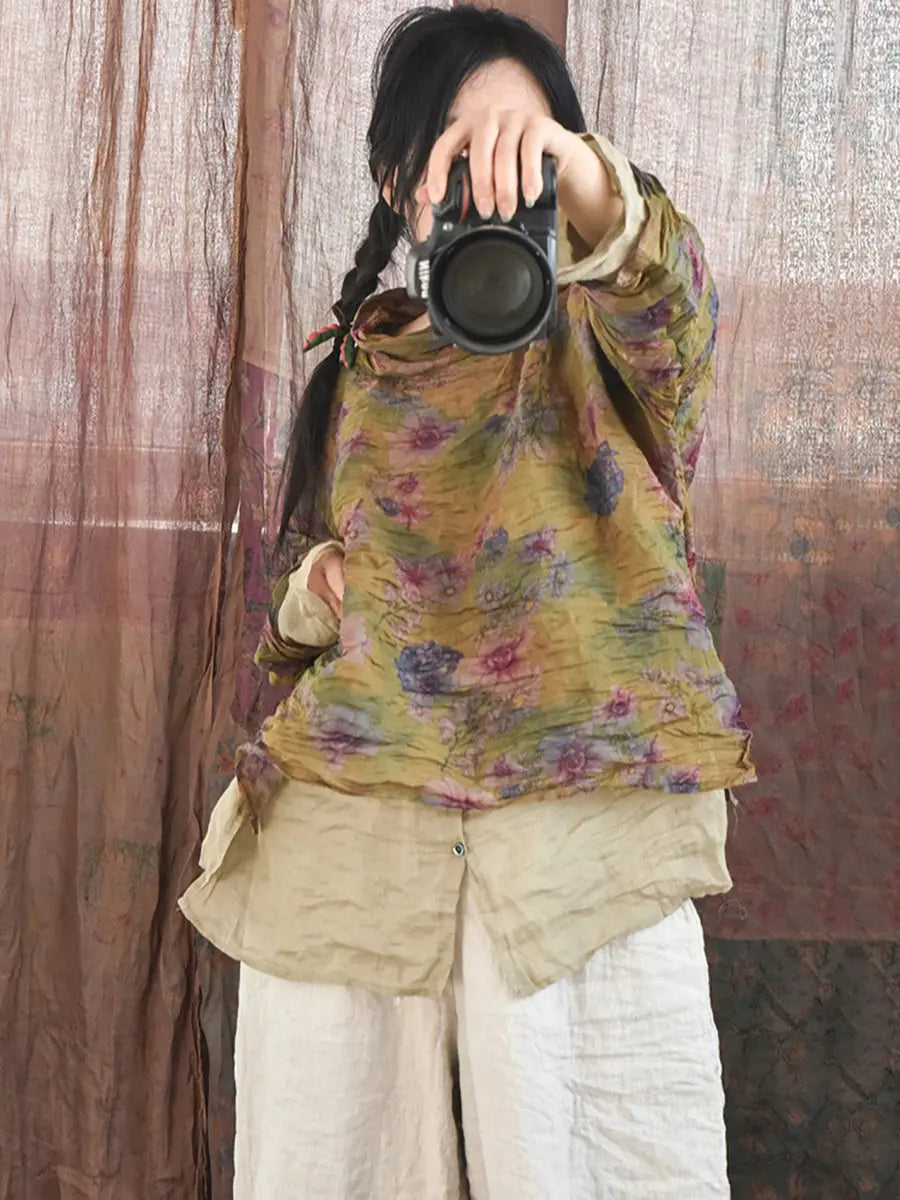 Women Vintage Spring Floral Pie Collar Ramie Shirt Ada Fashion