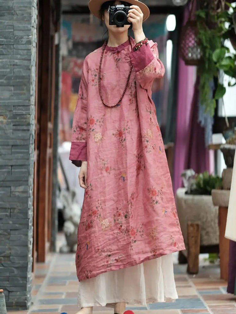 Women Vintage Spring Floral Spliced Ramie Robe Dress Ada Fashion