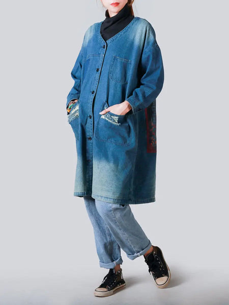 Women Vintage Spring Frayed Denim Coat Ada Fashion