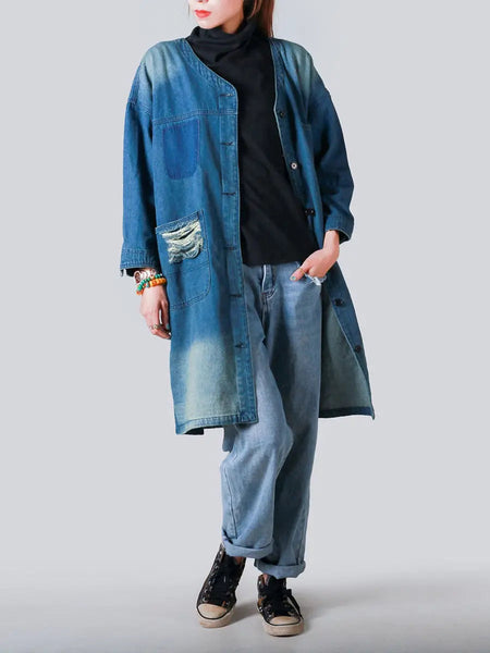 Women Vintage Spring Frayed Denim Coat Ada Fashion