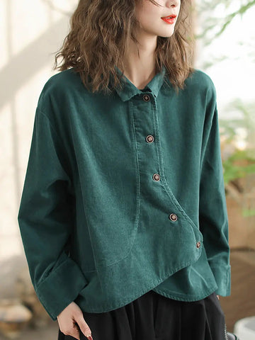 Women Vintage Spring Slant-Closure Solid Shirt Ada Fashion