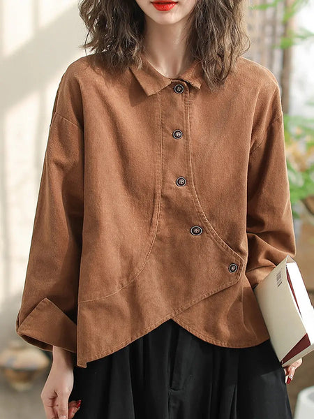Women Vintage Spring Slant-Closure Solid Shirt Ada Fashion