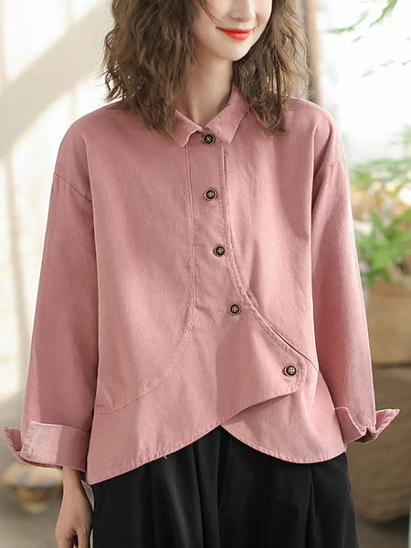 Women Vintage Spring Slant-Closure Solid Shirt Ada Fashion