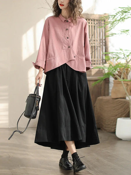Women Vintage Spring Slant-Closure Solid Shirt Ada Fashion