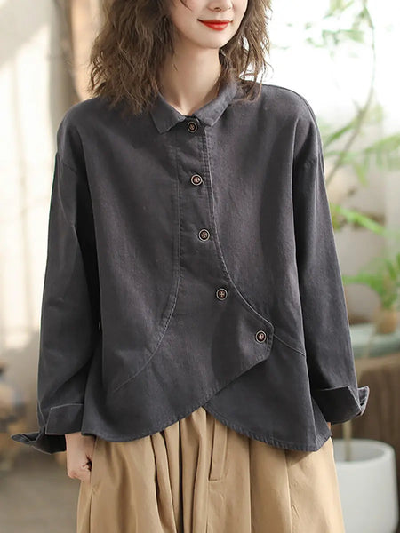 Women Vintage Spring Slant-Closure Solid Shirt Ada Fashion