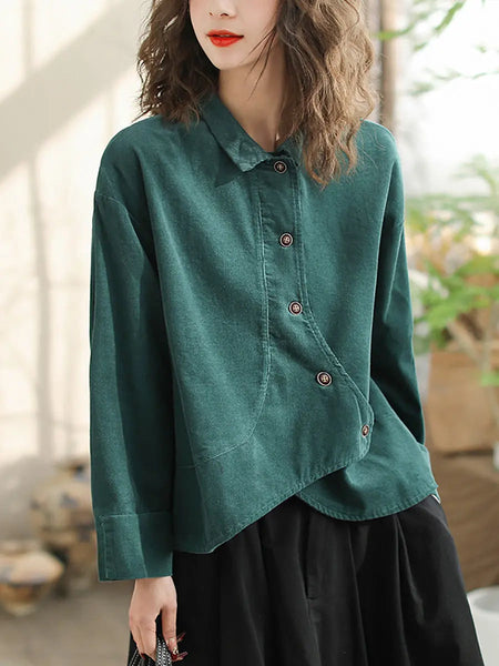 Women Vintage Spring Slant-Closure Solid Shirt Ada Fashion