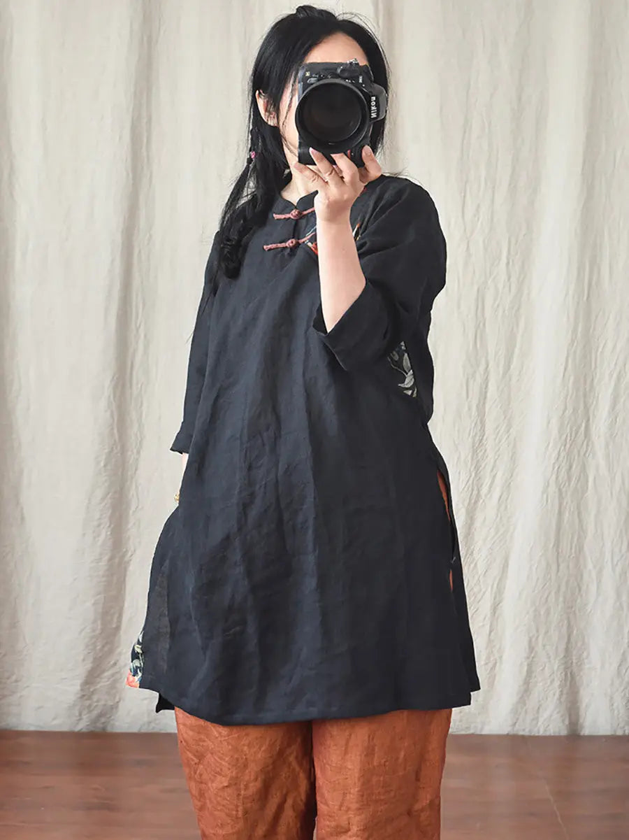 Women Vintage Spring Spliced Ramie Robe Dress Ada Fashion
