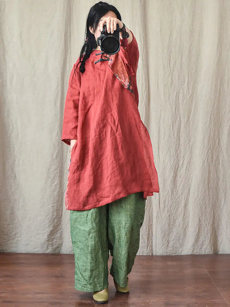 Women Vintage Spring Spliced Ramie Robe Dress Ada Fashion