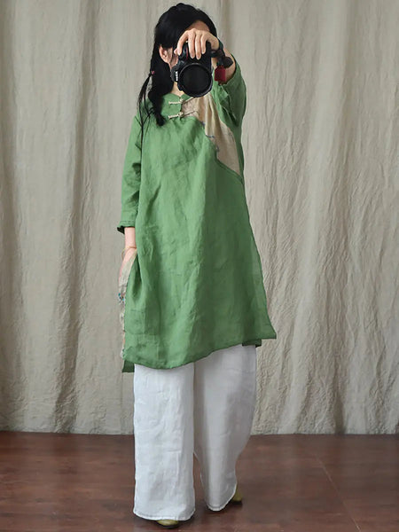 Women Vintage Spring Spliced Ramie Robe Dress Ada Fashion