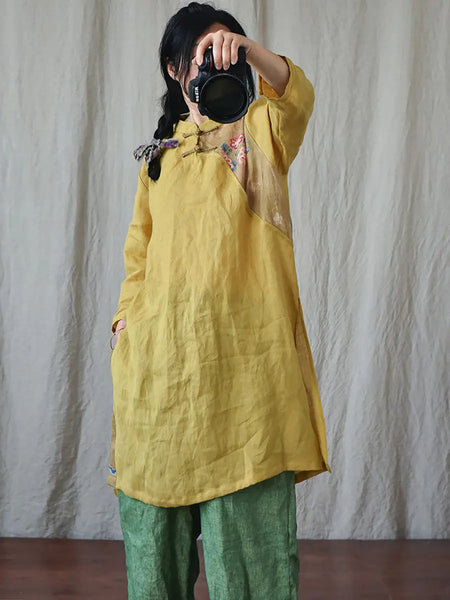 Women Vintage Spring Spliced Ramie Robe Dress Ada Fashion