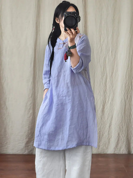 Women Vintage Spring Spliced Ramie Robe Dress Ada Fashion