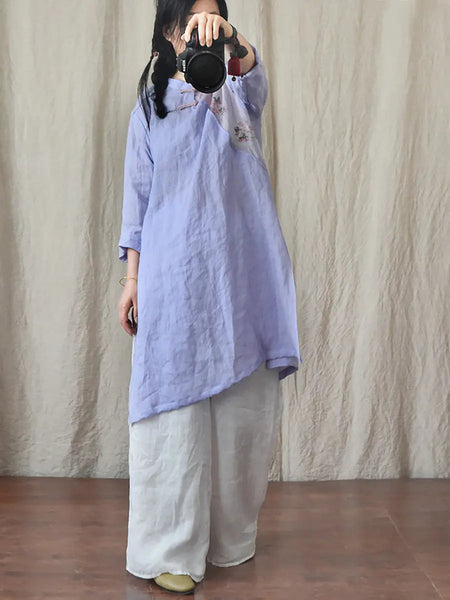 Women Vintage Spring Spliced Ramie Robe Dress Ada Fashion