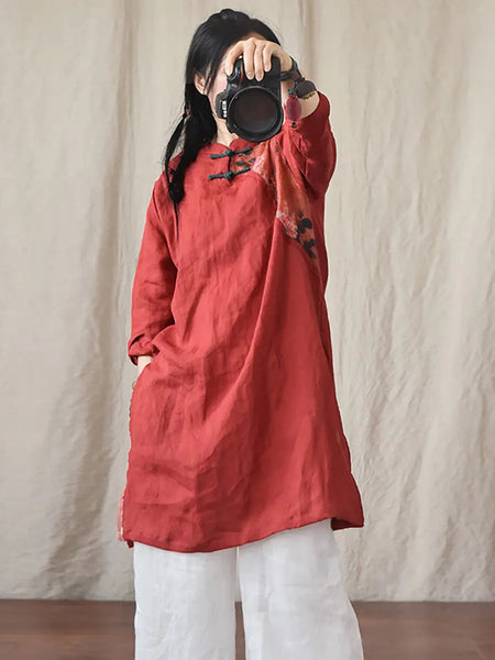 Women Vintage Spring Spliced Ramie Robe Dress Ada Fashion