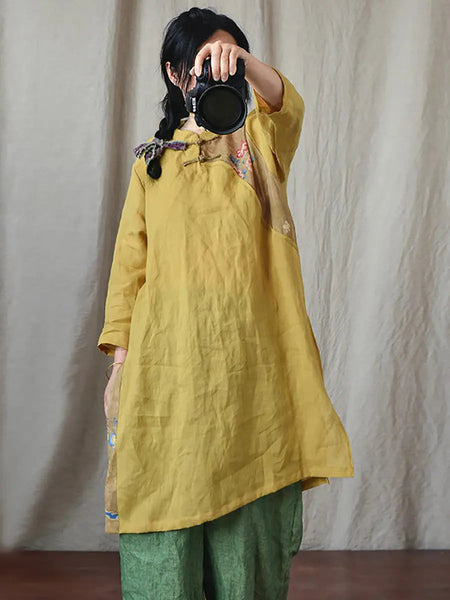 Women Vintage Spring Spliced Ramie Robe Dress Ada Fashion