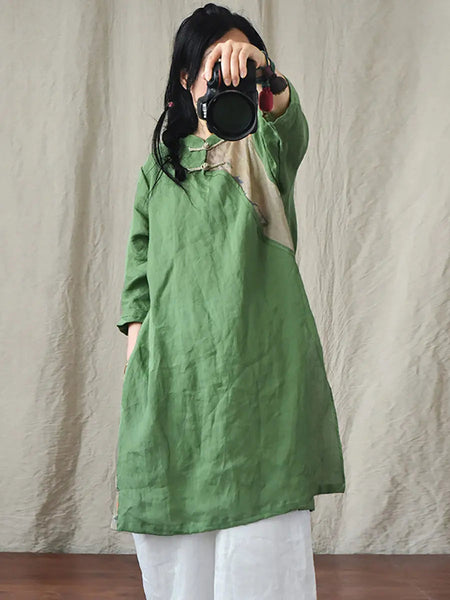 Women Vintage Spring Spliced Ramie Robe Dress Ada Fashion