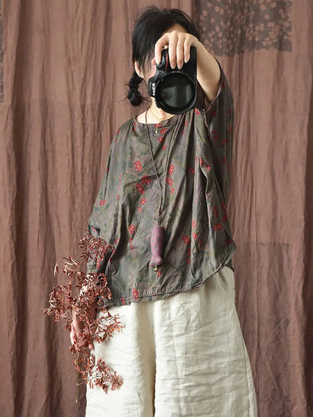 Women Vintage Spring Stripe Flower Cotton Shirt Ada Fashion