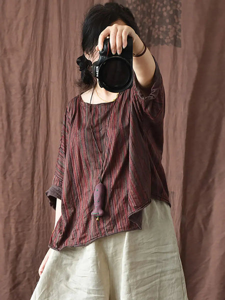 Women Vintage Spring Stripe Flower Cotton Shirt Ada Fashion