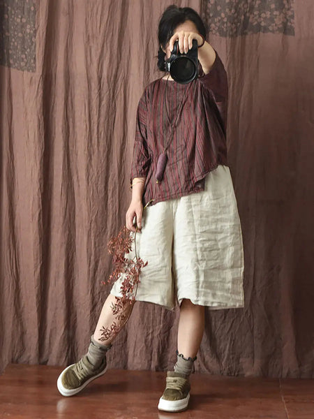 Women Vintage Spring Stripe Flower Cotton Shirt Ada Fashion