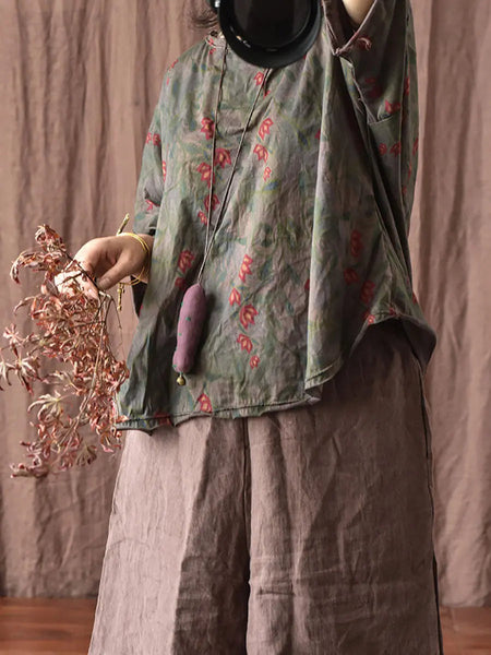 Women Vintage Spring Stripe Flower Cotton Shirt Ada Fashion